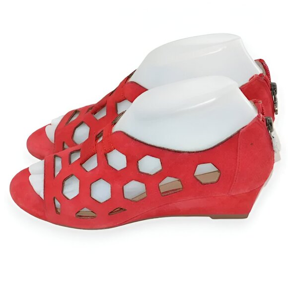 New Bettye Muller Caged Tomato Red Leather Open Toe Wedges Sandals Heels Pumps 7 - Picture 6 of 10